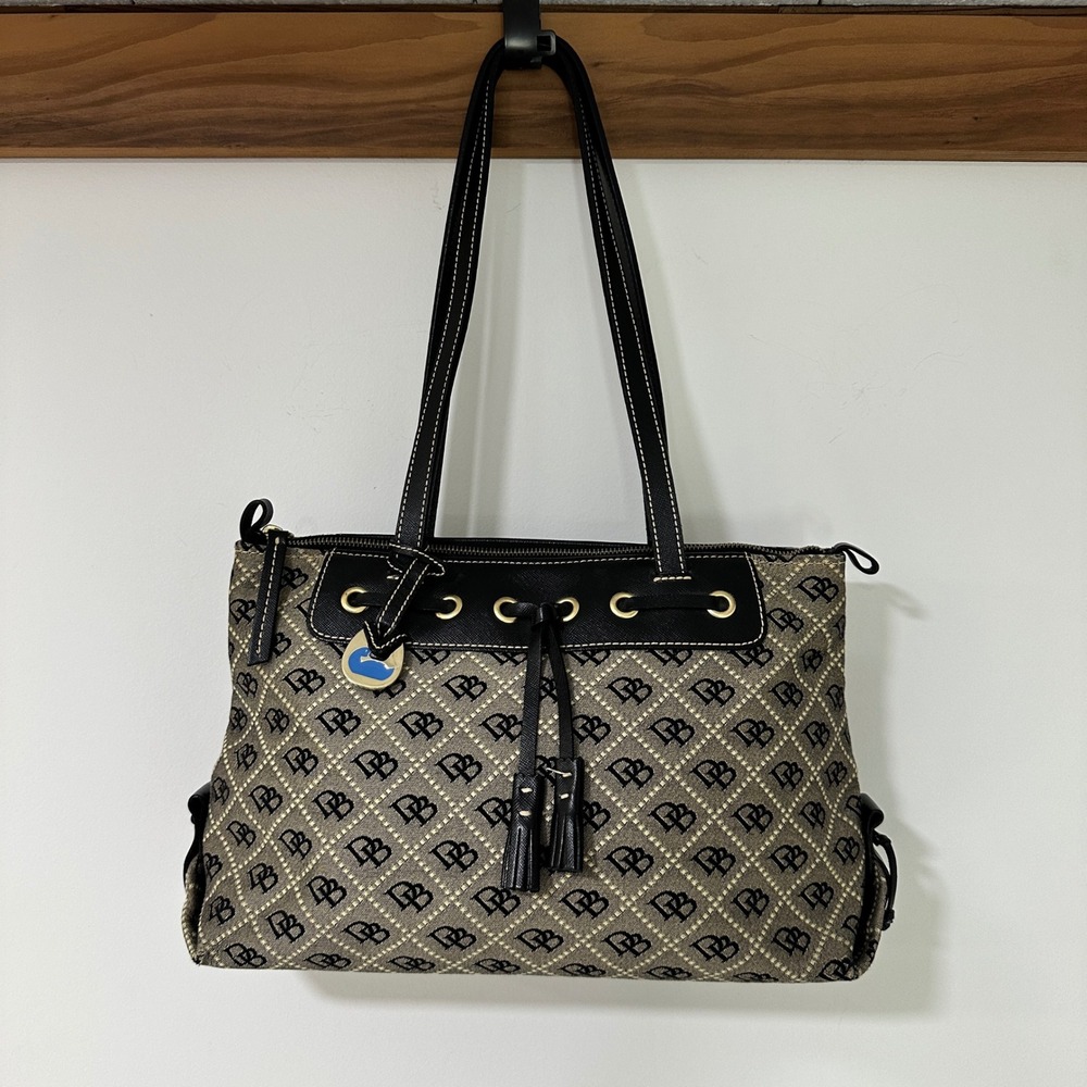 Dooney & Bourke Signature Monogram Tote Women Medium Black Tan‎ Leather Trim Y2K